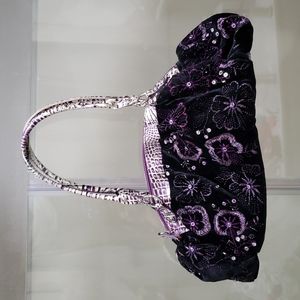 Velvet Pocketbook Bag Purse With Purple Stones And Flower Stitching
